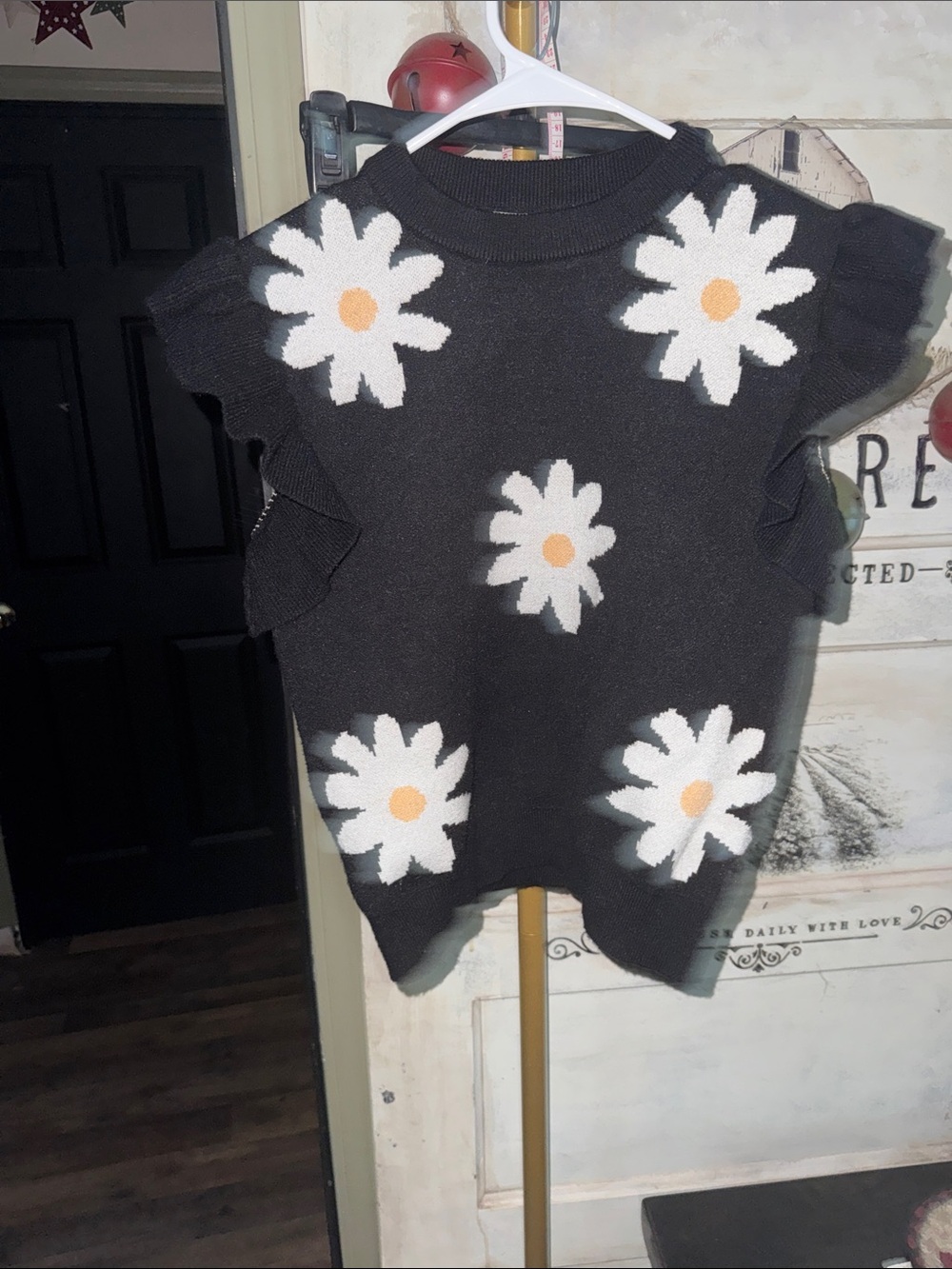 Black Daisy Knit Sweater Top with Flutter Sleeves